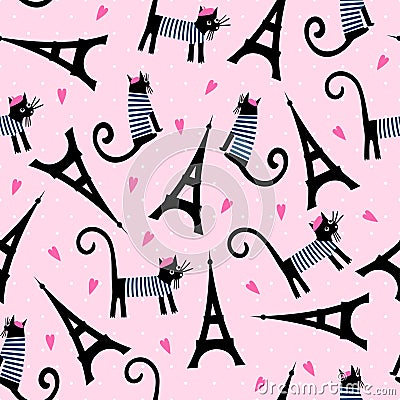 Cute cartoon parisian cat and tour Eiffel vector illustration Vector Illustration