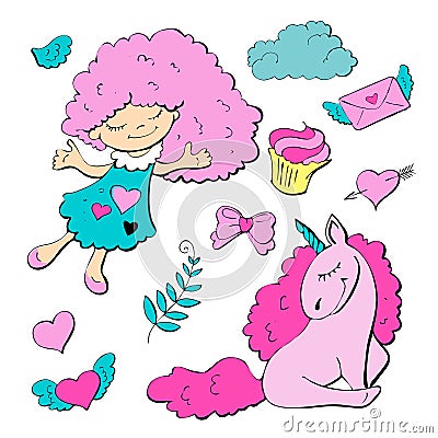 Cute cartoon patch princess with unicorns, hearts, cats and other elements for girls. Vector Illustration