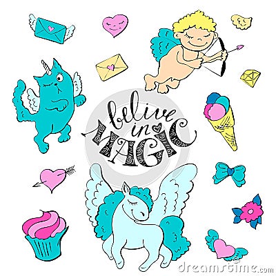 Cute cartoon patch princess with unicorns, hearts, cats and other elements for girls. Vector Illustration