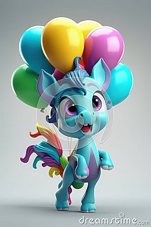 Cute Cartoon Pegasus With Very Big Eyes Holding Gel Colored Balloons. Generative AI Stock Photo