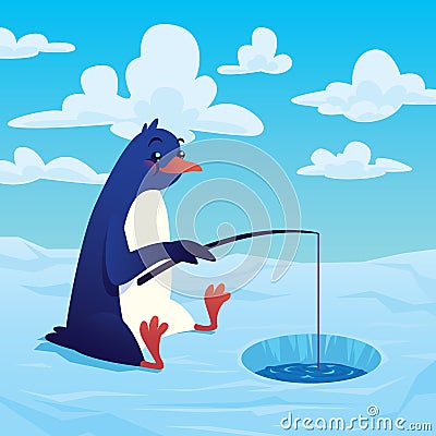 Cute cartoon penguin fisher fishing with a fishing rod. Vector Illustration
