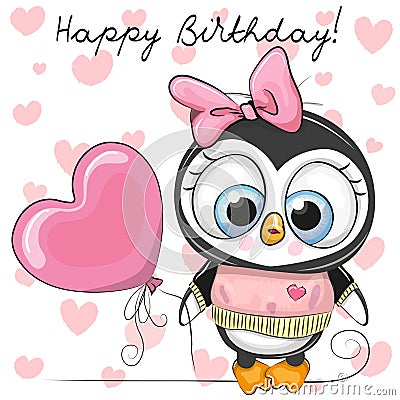 Cute Cartoon Penguin Girl with a balloon Vector Illustration