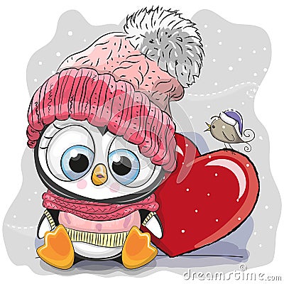 Cute Cartoon Penguin in a knitted cap Vector Illustration