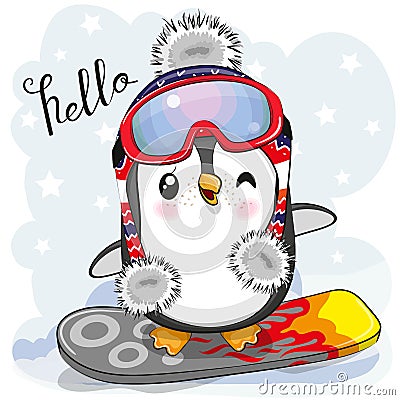 Cute cartoon Penguin on a snowboard Vector Illustration