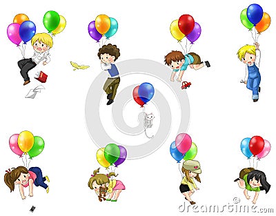 Cute cartoon people and children floating in the sky with balloon Vector Illustration