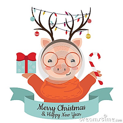 Cute cartoon pig with reindeers horns, garlands and christmas balls. Vector Illustration