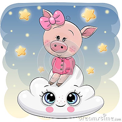 Cute Pig a on the Cloud Vector Illustration