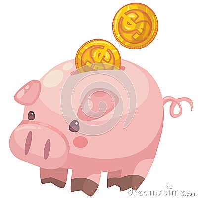 Cute Cartoon Piggy Bank with Coins. Single clipart. Piggy bank character vector illustration. Stock Photo