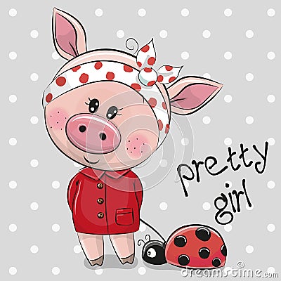 Cute Cartoon Piggy Girl in a red coat Vector Illustration