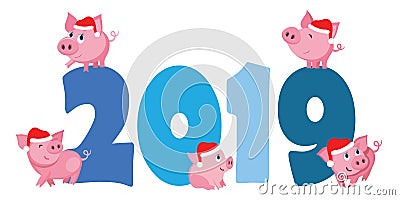 Cute cartoon pigs jump on figures 2019 Vector Illustration
