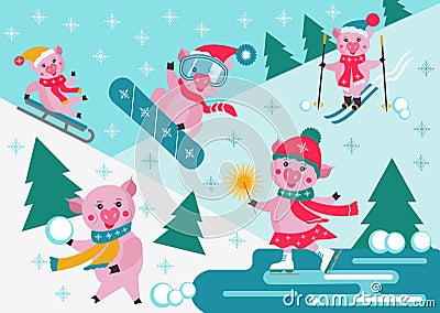 Cute cartoon pigs sliding ,skiing and snowboarding on a winter snowy background. Winter sport activity. Vector Illustration