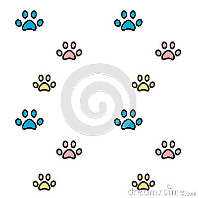 Cute cartoon pink blue and yellow paws seamless pattern background illustration Vector Illustration