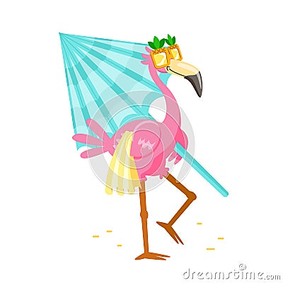 Cute Cartoon Pink Flamingo in Funny Sunglasses with Towel and Umbrella Walk to Beach. Character Summer Vacation Vector Illustration