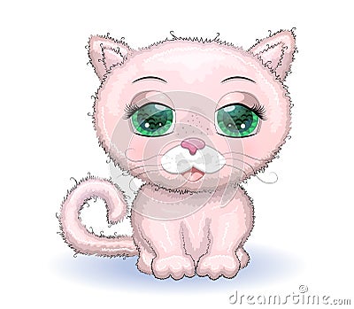 Cute Cartoon pink kitten face on a flovers background Stock Photo