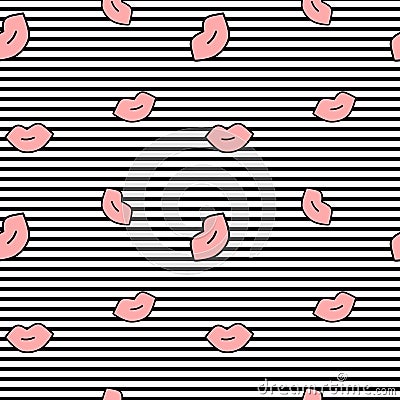 Cute cartoon pink lips on black and white stripes seamless pattern background illustration Vector Illustration