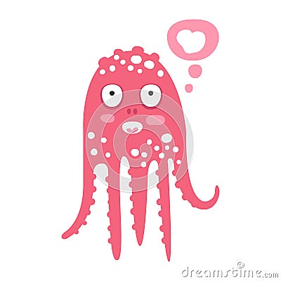 Cute cartoon pink octopus character dreaming, funny ocean coral reef animal vector Illustration Vector Illustration