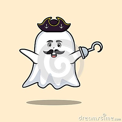 Cute cartoon pirate ghost with hook hand Vector Illustration