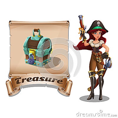 Cute cartoon pirate girl with treasure chest on the old scroll. Vector Illustration