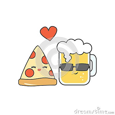 Cute cartoon pizza and glass of beer in love funny vector illustration Vector Illustration