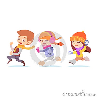 Cute cartoon playing kids running in winter. Vector Illustration