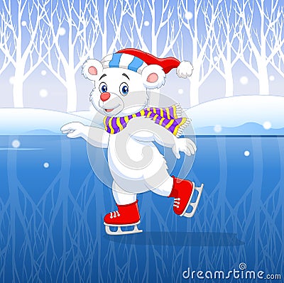Cute cartoon polar bear ice skating with winter background Vector Illustration