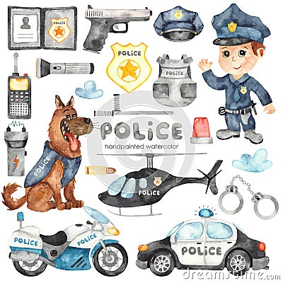 Watercolor set with police helicopter, car, motorcycle, police officer and police equipment Stock Photo