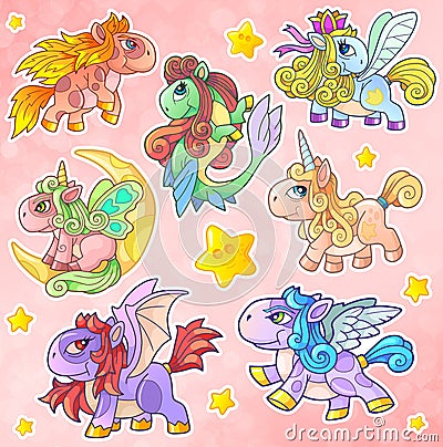 cute cartoon ponies, funny stickers set Stock Photo