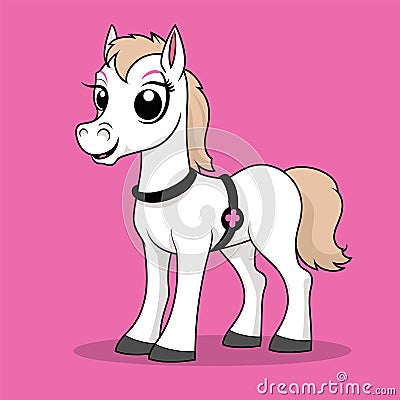 Cute cartoon pony on pink background, smiling white pony with brown mane, cheerful pony wearing harness vector Vector Illustration