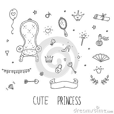 Cute cartoon princess collection . Doodle fairytale set for kids. Hand drawn vector illustration isolated on white. Vector Illustration