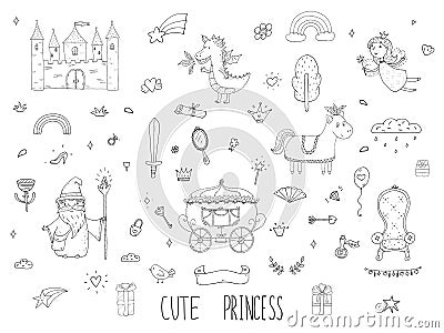 Cute cartoon princess collection . Doodle fairytale set for kids. Hand drawn vector illustration isolated on white. Vector Illustration