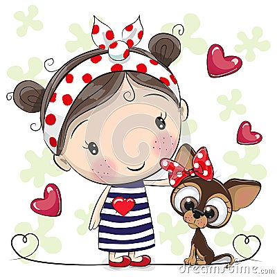 Cute cartoon puppy and a girl Vector Illustration