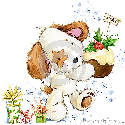 Cute cartoon puppy watercolor illustration. Dog year greeting card. Cartoon Illustration