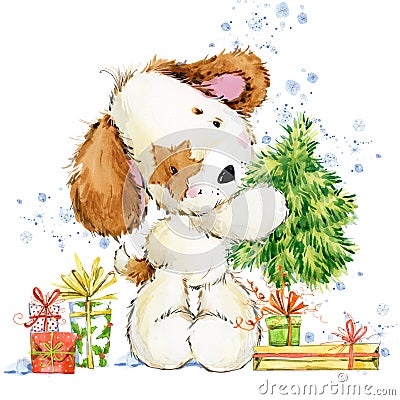 Cute cartoon puppy watercolor illustration. Dog year greeting card. Cartoon Illustration