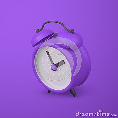 Cute cartoon purple alarm clock. 3d realistic table clock with shaddow. Vector illustration Vector Illustration