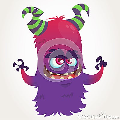 Cute cartoon purple horned monster . Halloween vector flying monster mascot Vector Illustration