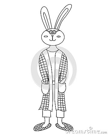 Cute cartoon rabbit coloring page. Rabbit in robe and slippers. Rabbit wake up in the morning. Coloring book for Vector Illustration