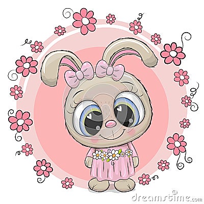 Cute Cartoon Rabbit with flowers Vector Illustration