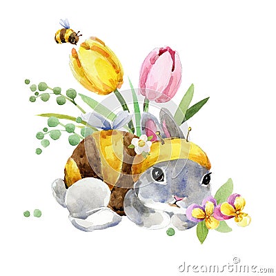Cute cartoon rabbit. forest animal illustration. watercolor hare. funny pet. Cartoon Illustration