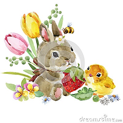 Cute cartoon rabbit. forest animal illustration. watercolor hare. funny pet. Cartoon Illustration