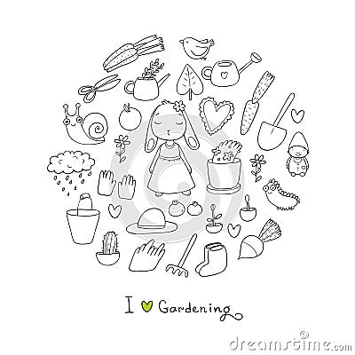 Cute cartoon rabbit girl and Set of garden objects. Plants, pots and tools for gardening. Vector Illustration