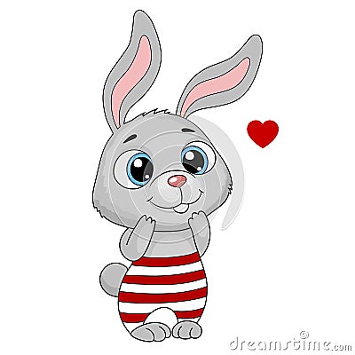 Cute cartoon rabbit with a heart. Easter bunny in striped pants. Greeting card, vector illustration Vector Illustration