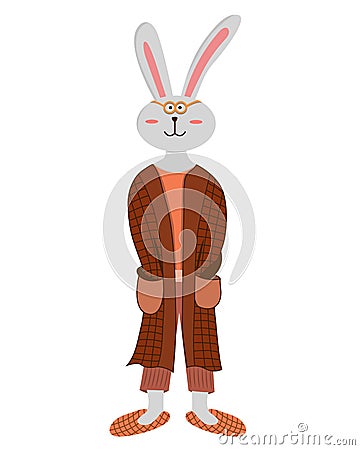 Cute cartoon rabbit isolated on white background. Rabbit in robe and slippers. Rabbit wake up in the morning Vector Illustration