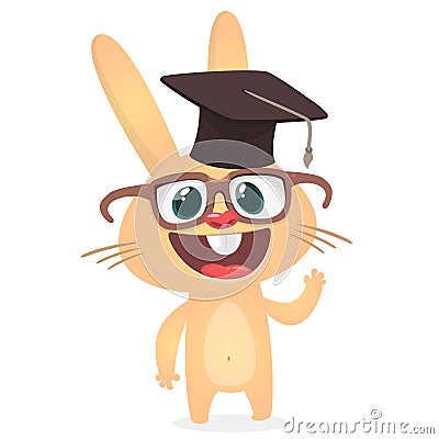 Cute cartoon rabbit wearing graduation bachelor hat and eyeglasses. Vector illustration of a smiling bunny. Vector Illustration