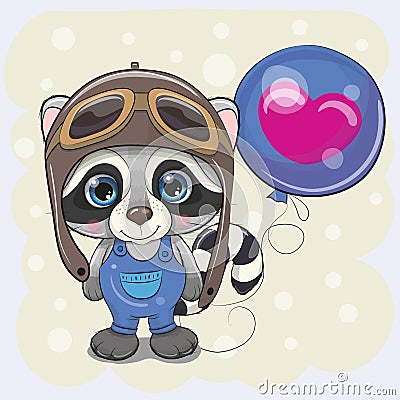 Cute Cartoon Raccoon boy with Balloon Vector Illustration