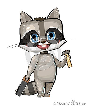 Cute cartoon Raccoon the carpentry with a saw and a hammer. Flat style. Helps dad. Picture for children. Funny kid Vector Illustration