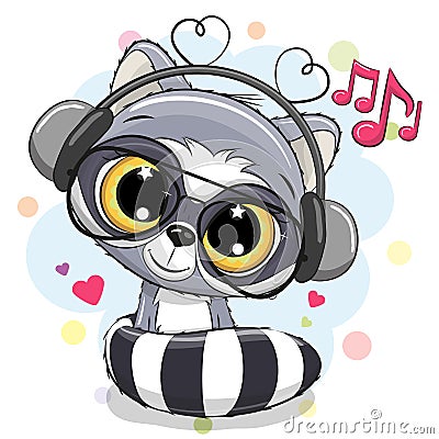 Cute Cartoon Raccoon with headphones Vector Illustration