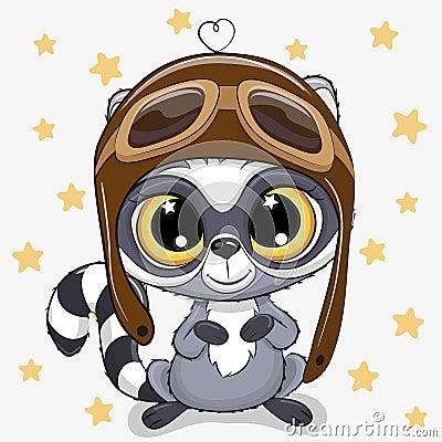 Cute cartoon Raccoon in a pilot hat Vector Illustration