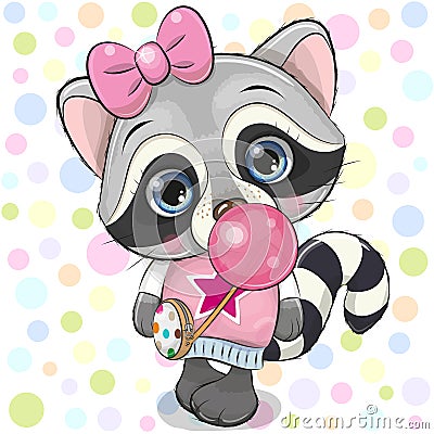 Cute Cartoon Raccoon with bubble gum Vector Illustration