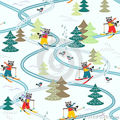 Cute cartoon raccoons on skiing in the forest. Winter seamless pattern Vector Illustration