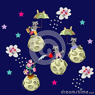 Cute cartoon raccoons in space. Book illustration. Vector Illustration